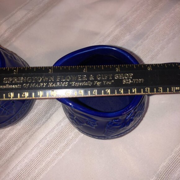 Cobalt Blue Ceramic Creamer Pitcher and Sugar Set featuring embossed fruit desig - Picture 7 of 9